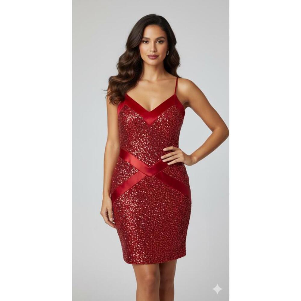 Kay Unger Women’s Red Spaghetti Strap Cocktail Dress with Sequins Size S